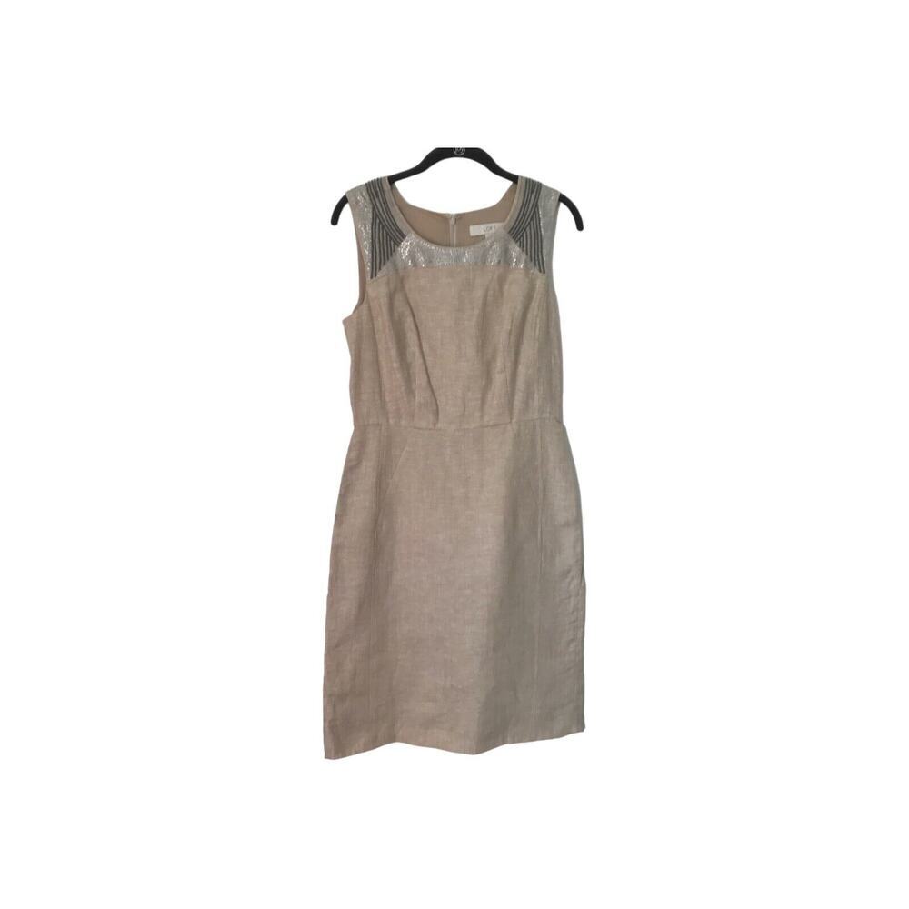 Ann Taylor Loft Dress Womens Size 4 Beige 100% Linen Sleeveless Sequin Sheath